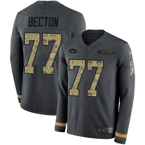 New York Jets #77 Mekhi Becton Anthracite Salute to Service Men's Stitched Limited Therma Long Sleeve Jersey Men's