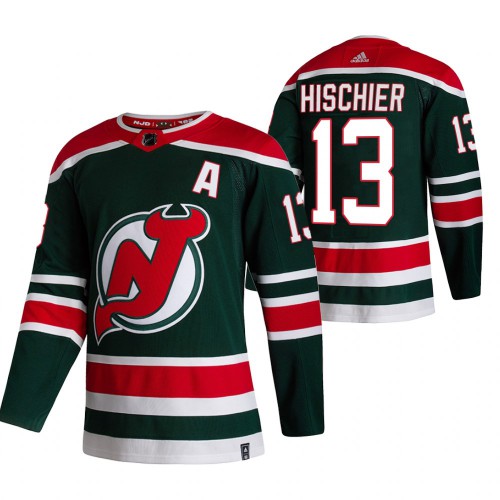 New Jersey New Jersey Devils #13 Nico Hischier Green Men's Adidas 2020-21 Reverse Retro Alternate Jersey Men's