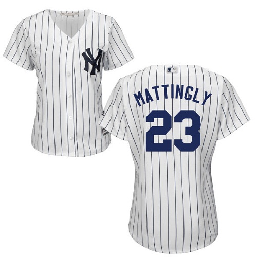 New York Yankees #23 Don Mattingly White Strip Home Women's Stitched Jersey Womens