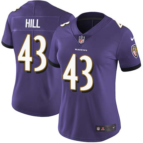 Baltimore Ravens #43 Justice Hill Purple Team Color Women's Stitched Vapor Untouchable Limited Jersey Womens