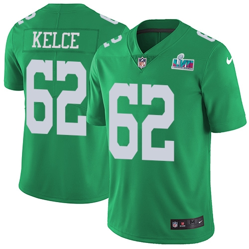 Eagles #62 Jason Kelce Green Super Bowl LVII Patch Men's Stitched Limited Rush Jersey