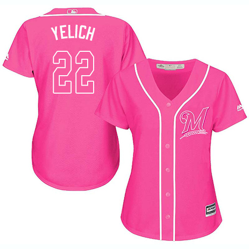 Milwaukee Brewers #22 Christian Yelich Pink Fashion Women's Stitched Jersey Womens