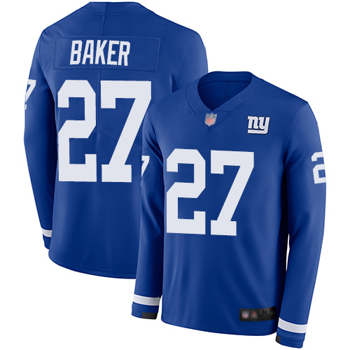 New York Giants #27 Deandre Baker Royal Blue Team Color Men's Stitched Limited Therma Long Sleeve Jersey Men's