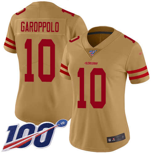 49ers #10 Jimmy Garoppolo Gold Women's Stitched Limited Inverted Legend 100th Season Jersey