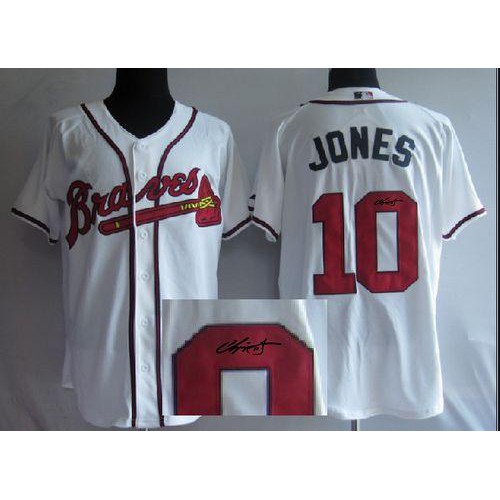 Atlanta Braves #10 Chipper Jones White Cool Base Autographed Stitched Jersey Men's