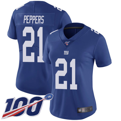 New York Giants #21 Jabrill Peppers Royal Blue Team Color Women's Stitched 100th Season Vapor Limited Jersey Womens