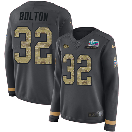 Chiefs #32 Nick Bolton Anthracite Salute To Service Super Bowl LVII Patch Women's Stitched Limited Therma Long Sleeve Jersey