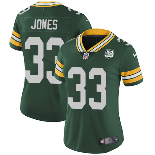 Packers #33 Aaron Jones Green Team Color Women's 100th Season Stitched Vapor Untouchable Limited Jersey
