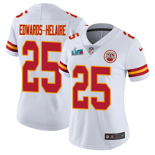 Chiefs #25 Clyde Edwards-Helaire White Super Bowl LVII Patch Women's Stitched Vapor Untouchable Limited Jersey