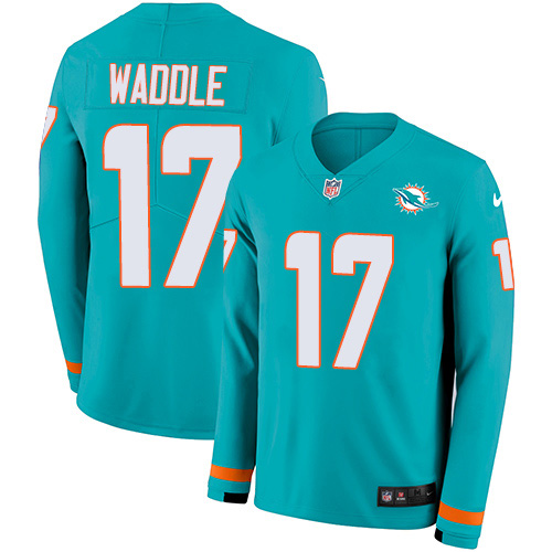 Dolphins #17 Jaylen Waddle Aqua Green Team Color Youth Stitched Limited Therma Long Sleeve Jersey