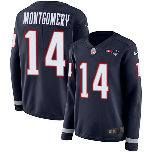 Patriots #14 Ty Montgomery Navy Blue Team Color Women's Stitched Limited Therma Long Sleeve Jersey
