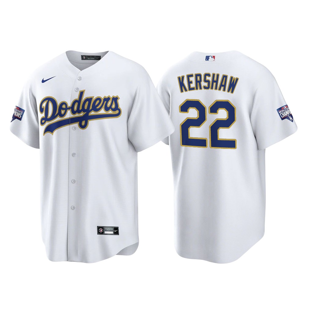 Los Angeles Dodgers #22 Clayton Kershaw Men's 2021 Gold Program World Series Champions Jersey Whtie