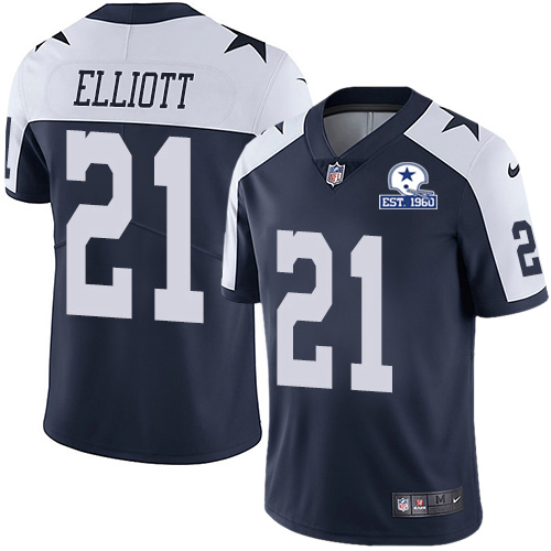Cowboys #21 Ezekiel Elliott Navy Blue Thanksgiving Men's Stitched With Established In 1960 Patch Vapor Untouchable Limited Throwback Jersey