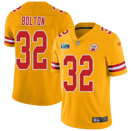 Chiefs #32 Nick Bolton Gold Super Bowl LVII Patch Men's Stitched Limited Inverted Legend Jersey