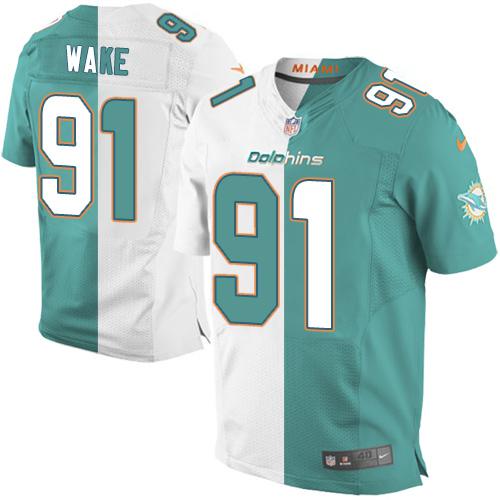 Miami Dolphins #91 Cameron Wake Aqua Green/White Men's Stitched Elite Split Jersey Men's