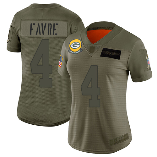 Green Bay Packers #4 Brett Favre Camo Women's Stitched Limited 2019 Salute to Service Jersey Womens
