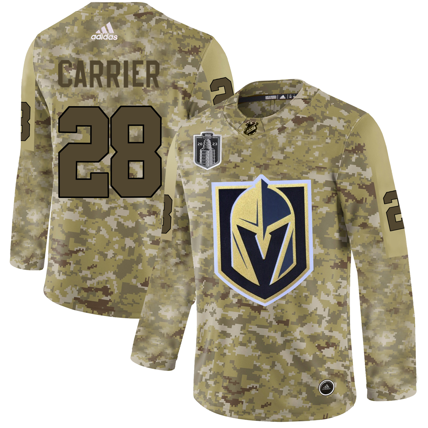 Adidas Golden Knights #28 William Carrier Camo Youth 2023 Stanley Cup Final Patch Authentic Stitched Jersey