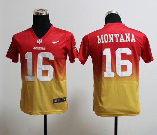 49ers #16 Joe Montana Red/Gold Youth Stitched Elite Fadeaway Fashion Jersey