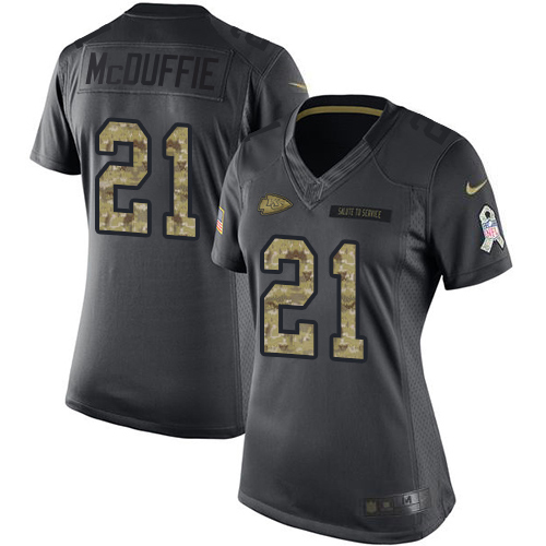 Chiefs #21 Trent McDuffie Black Women's Stitched Limited 2016 Salute To Service Jersey