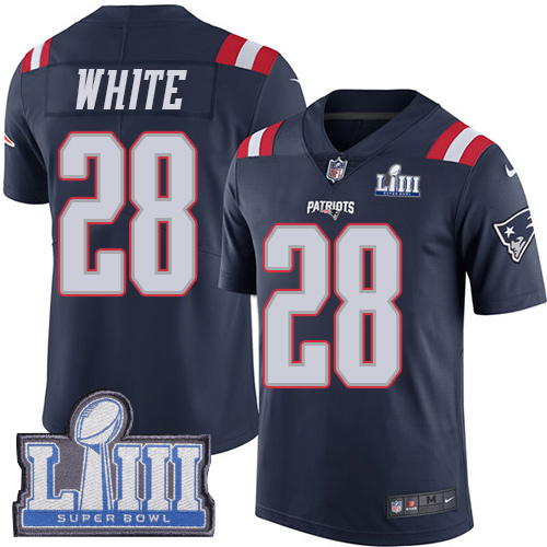 New England Patriots #28 James White Navy Blue Super Bowl LIII Bound Men's Stitched Limited Rush Jersey Men's
