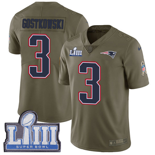New England Patriots #3 Stephen Gostkowski Olive Super Bowl LIII Bound Men's Stitched Limited 2017 Salute To Service Jersey Men's