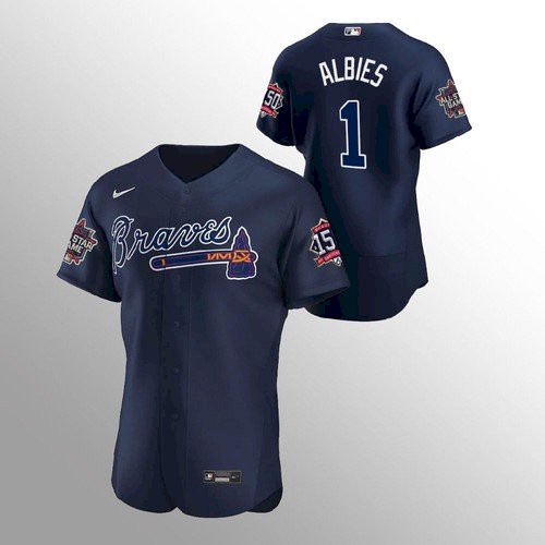 Atlanta Atlanta Braves #1 Ozzie Albies Men's 150th Anniversary 2021 World Series Authentic Jersey - Navy Men's