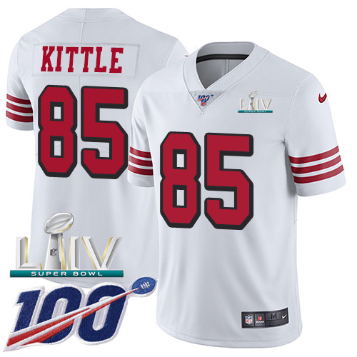 49ers #85 George Kittle White Super Bowl LIV 2020 Rush Youth Stitched Limited 100th Season Jersey