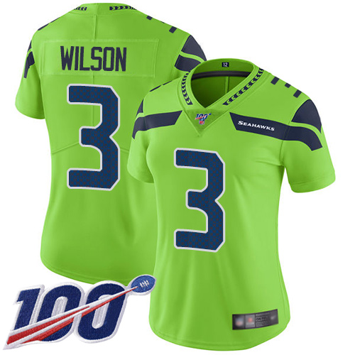 Seattle Seahawks #3 Russell Wilson Green Women's Stitched Limited Rush 100th Season Jersey Womens