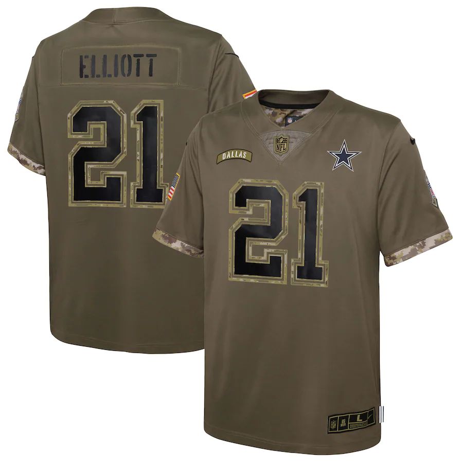 Dallas Cowboys #21 Ezekiel Elliott Youth 2022 Salute To Service Limited Jersey - Olive