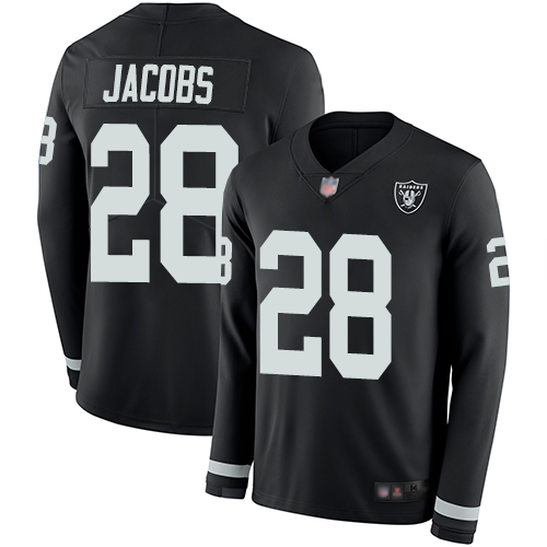 Raiders #28 Josh Jacobs Black Team Color Youth Stitched Limited Therma Long Sleeve Jersey