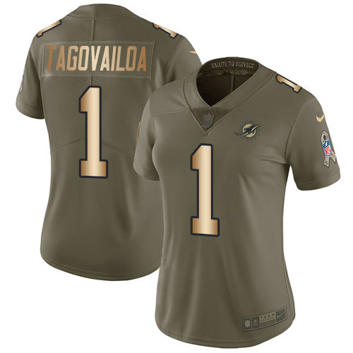 Dolphins #1 Tua Tagovailoa Olive/Gold Women's Stitched Limited 2017 Salute To Service Jersey