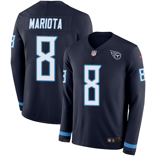 Tennessee Titans #8 Marcus Mariota Navy Blue Team Color Men's Stitched Limited Therma Long Sleeve Jersey Men's