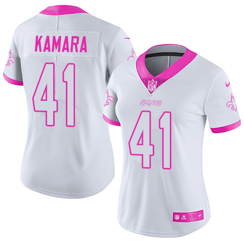 Saints #41 Alvin Kamara White/Pink Women's Stitched Limited Rush Fashion Jersey