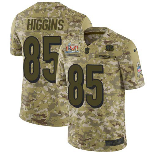 Bengals #85 Tee Higgins Camo Super Bowl LVI Patch Youth Stitched Limited 2018 Salute To Service Jersey