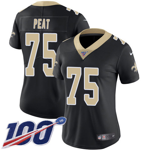 New Orleans Saints #75 Andrus Peat Black Team Color Women's Stitched 100th Season Vapor Untouchable Limited Jersey Womens
