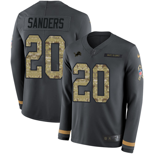 Lions #20 Barry Sanders Anthracite Salute To Service Youth Stitched Limited Therma Long Sleeve Jersey