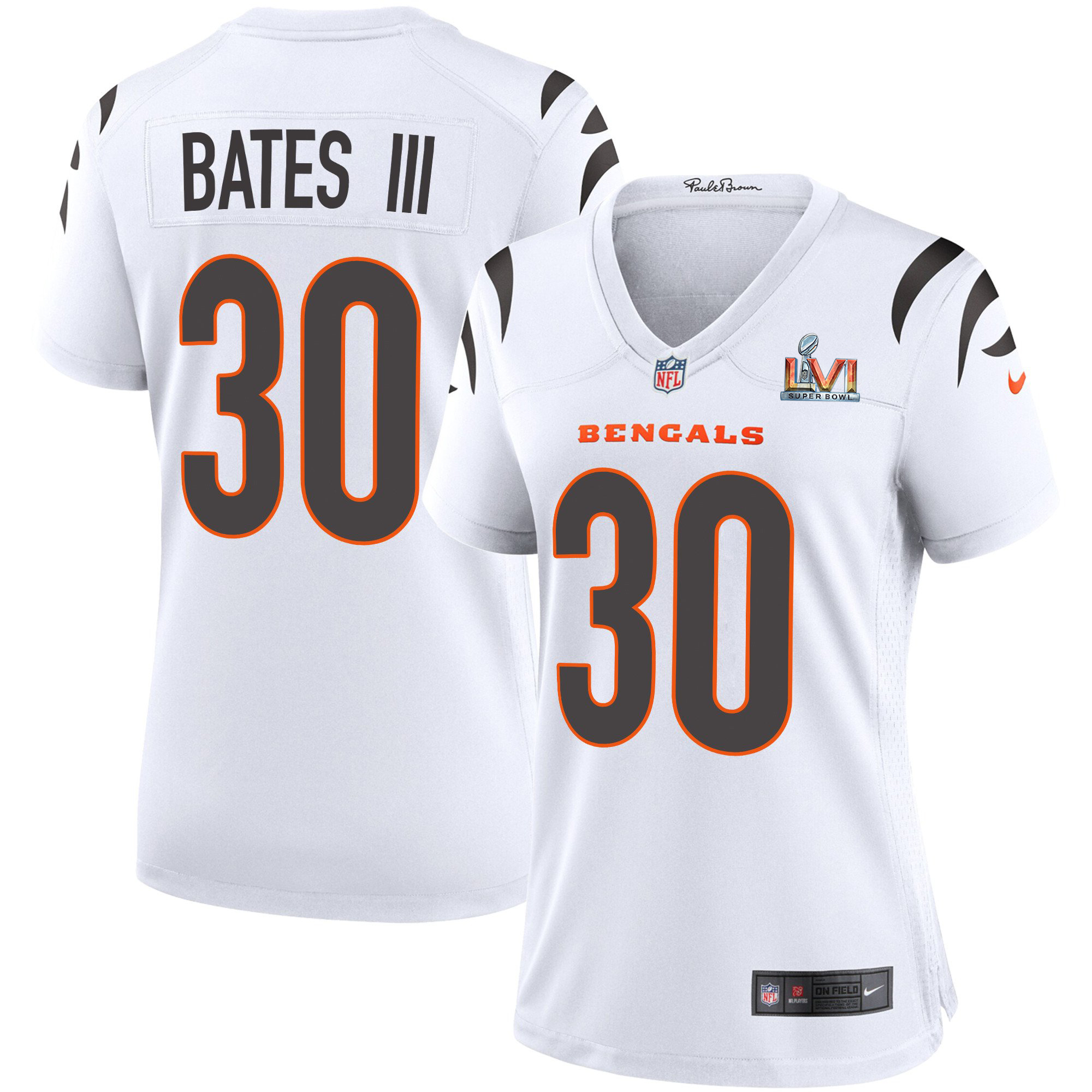 Cincinnati Bengals #30 Jessie Bates White Super Bowl LVI Patch Women's Game Jersey