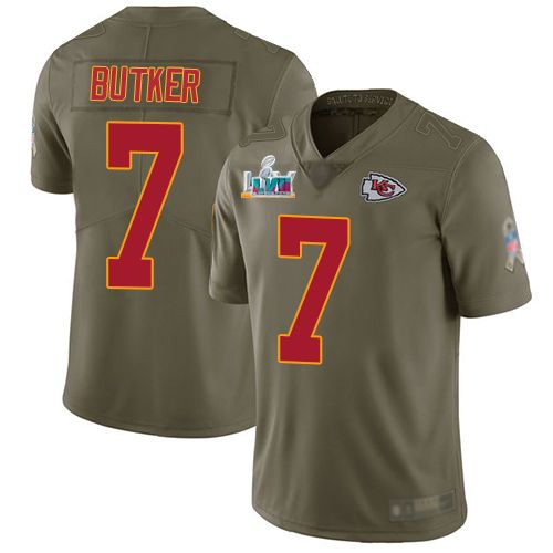 Chiefs #7 Harrison Butker Olive Super Bowl LVII Patch Men's Stitched Limited 2017 Salute To Service Jersey