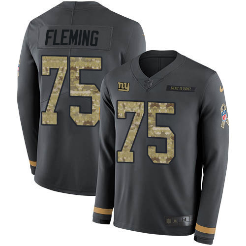 New York Giants #75 Cameron Fleming Anthracite Salute to Service Men's Stitched Limited Therma Long Sleeve Jersey Men's