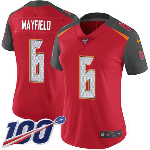 Buccaneers #6 Baker Mayfield Red Team Color Women's Stitched 100th Season Vapor Untouchable Limited Jersey
