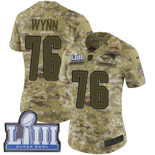 New England Patriots #76 Isaiah Wynn Camo Super Bowl LIII Bound Women's Stitched Limited 2018 Salute to Service Jersey Womens