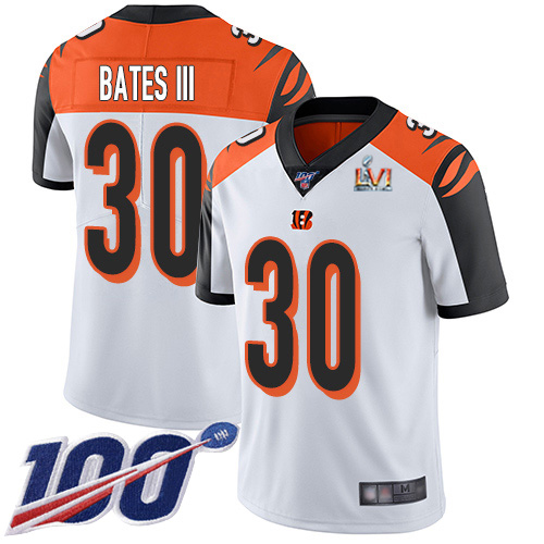 Bengals #30 Jessie Bates White Super Bowl LVI Patch Youth Stitched 100th Season Vapor Limited Jersey
