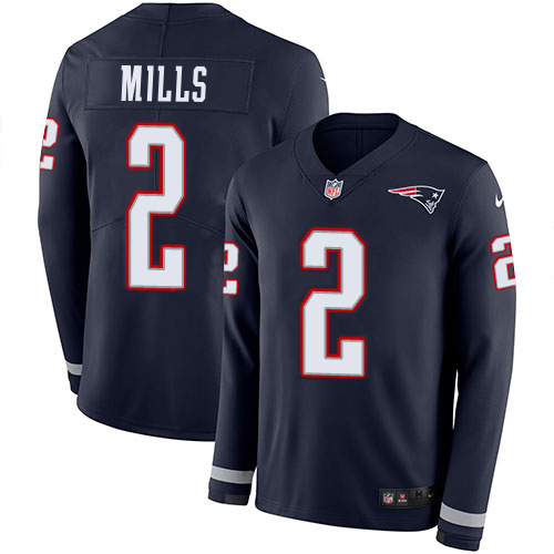 Patriots #2 Jalen Mills Navy Blue Team Color Youth Stitched Limited Therma Long Sleeve Jersey