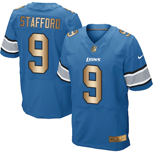 Detroit Lions #9 Matthew Stafford Blue Team Color Men's Stitched Elite Gold Jersey Men's