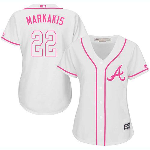 Atlanta Braves #22 Nick Markakis White/Pink Fashion Women's Stitched Jersey Womens