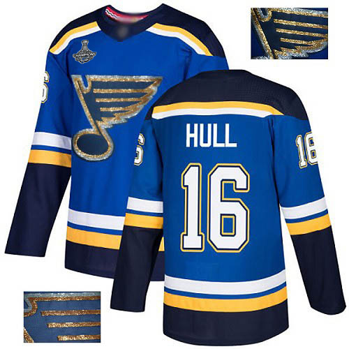 Adidas St. Louis Blues #16 Brett Hull Blue Home Authentic Fashion Gold Stanley Cup Champions Stitched Jersey Men's
