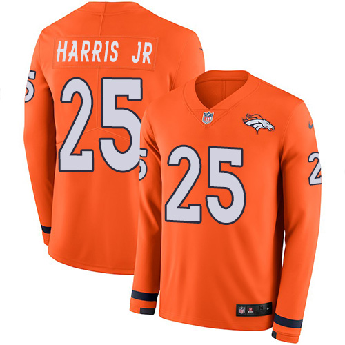 Denver Broncos #25 Chris Harris Jr Orange Team Color Men's Stitched Limited Therma Long Sleeve Jersey Men's