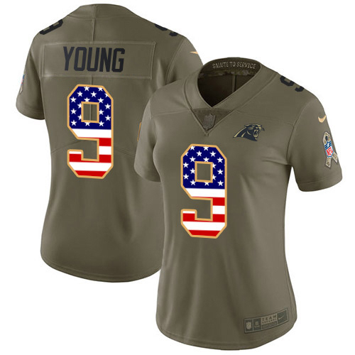 Panthers #9 Bryce Young Olive/USA Flag Women's Stitched Limited 2017 Salute To Service Jersey