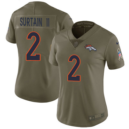 Broncos #2 Patrick Surtain II Olive Women's Stitched Limited 2017 Salute To Service Jersey