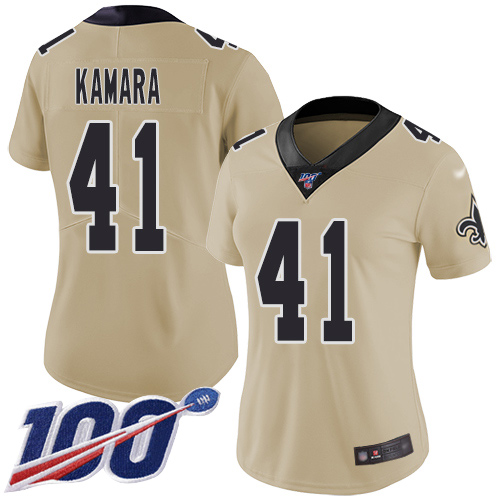 Saints #41 Alvin Kamara Gold Women's Stitched Limited Inverted Legend 100th Season Jersey